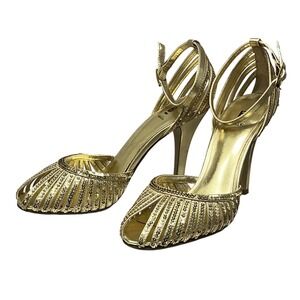 Vintage Bakers Brooke Gold Ankle Strap Heels Peep Toe Shoes Size 6.5M Style 1188